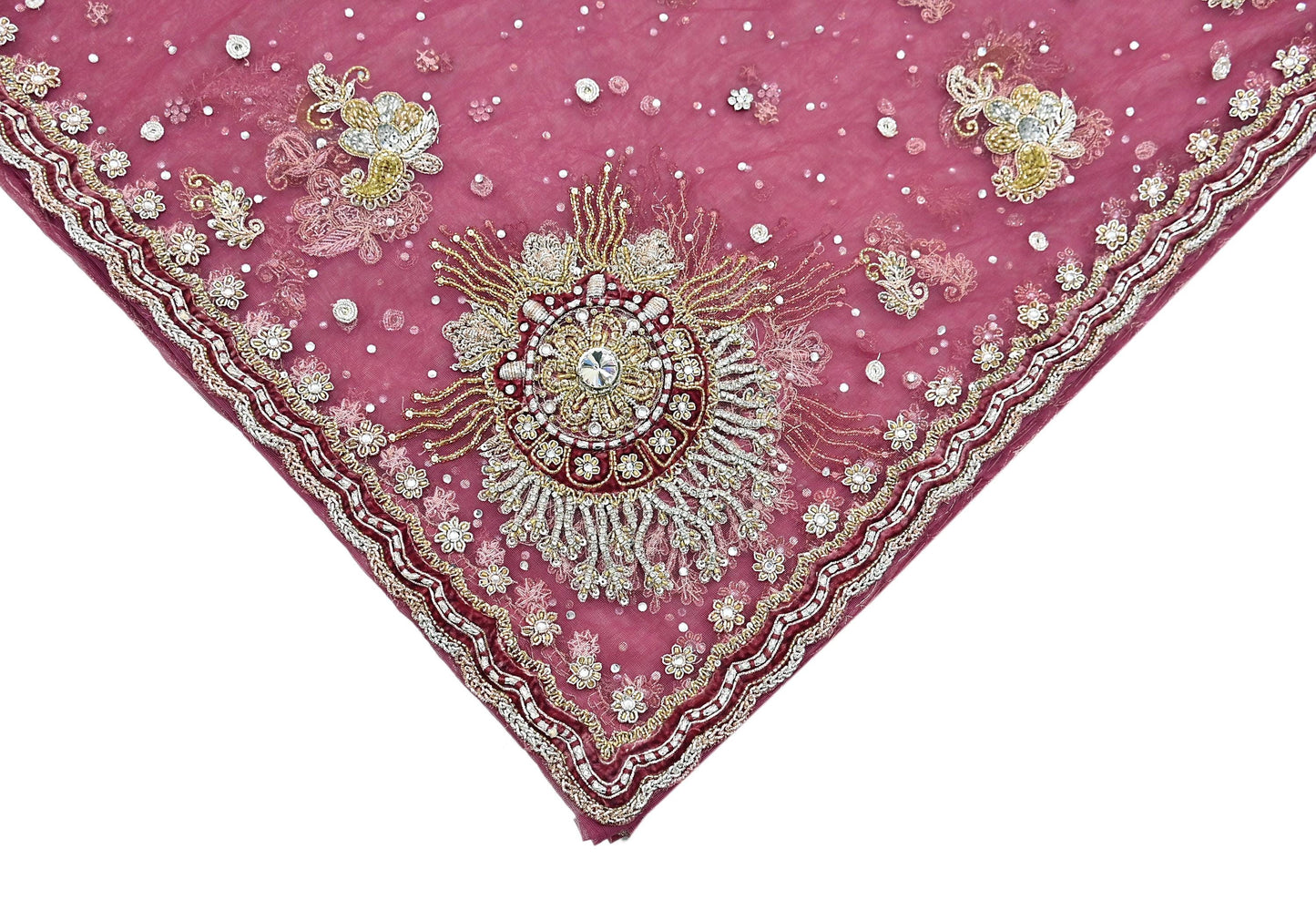 Indian Vintage Heavy Dupatta Pink Net Mesh Long Stole Hand Embroidered Scarves Wedding veil Wrap Boho