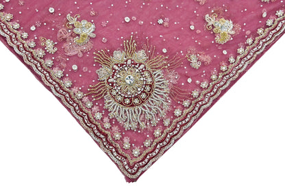 Indian Vintage Heavy Dupatta Pink Net Mesh Long Stole Hand Embroidered Scarves Wedding veil Wrap Boho