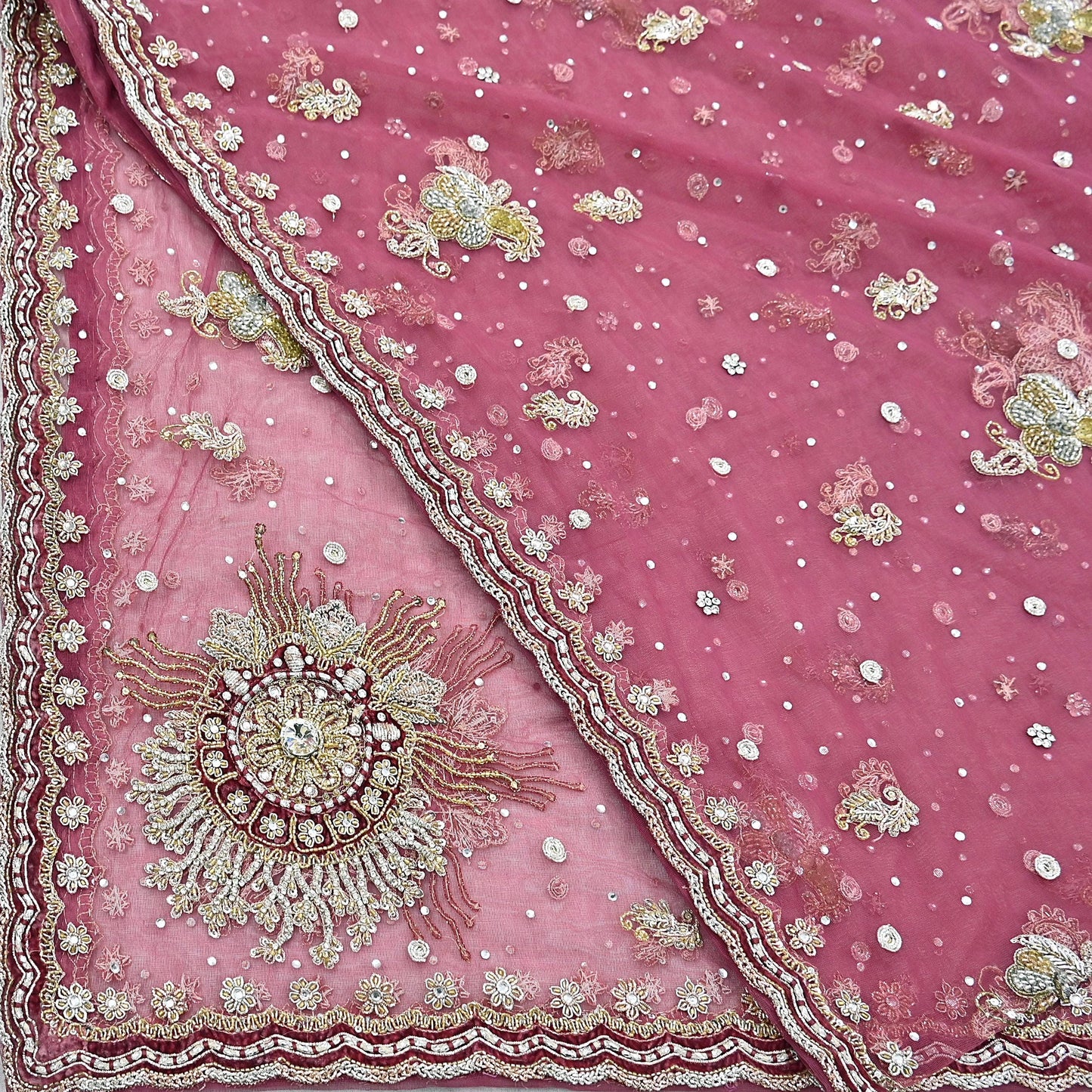 Indian Vintage Heavy Dupatta Pink Net Mesh Long Stole Hand Embroidered Scarves Wedding veil Wrap Boho