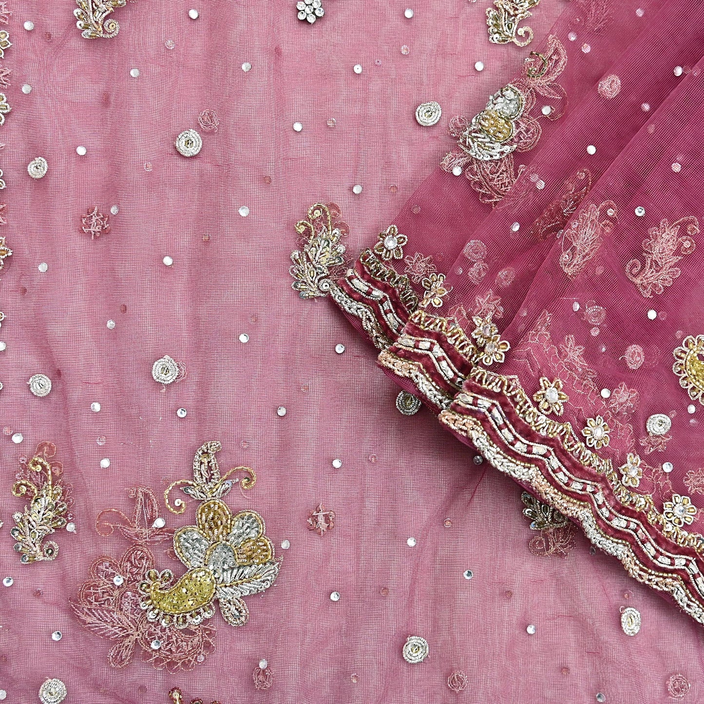 Indian Vintage Heavy Dupatta Pink Net Mesh Long Stole Hand Embroidered Scarves Wedding veil Wrap Boho