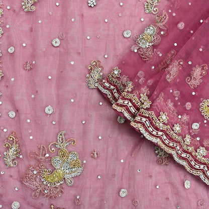 Indian Vintage Heavy Dupatta Pink Net Mesh Long Stole Hand Embroidered Scarves Wedding veil Wrap Boho