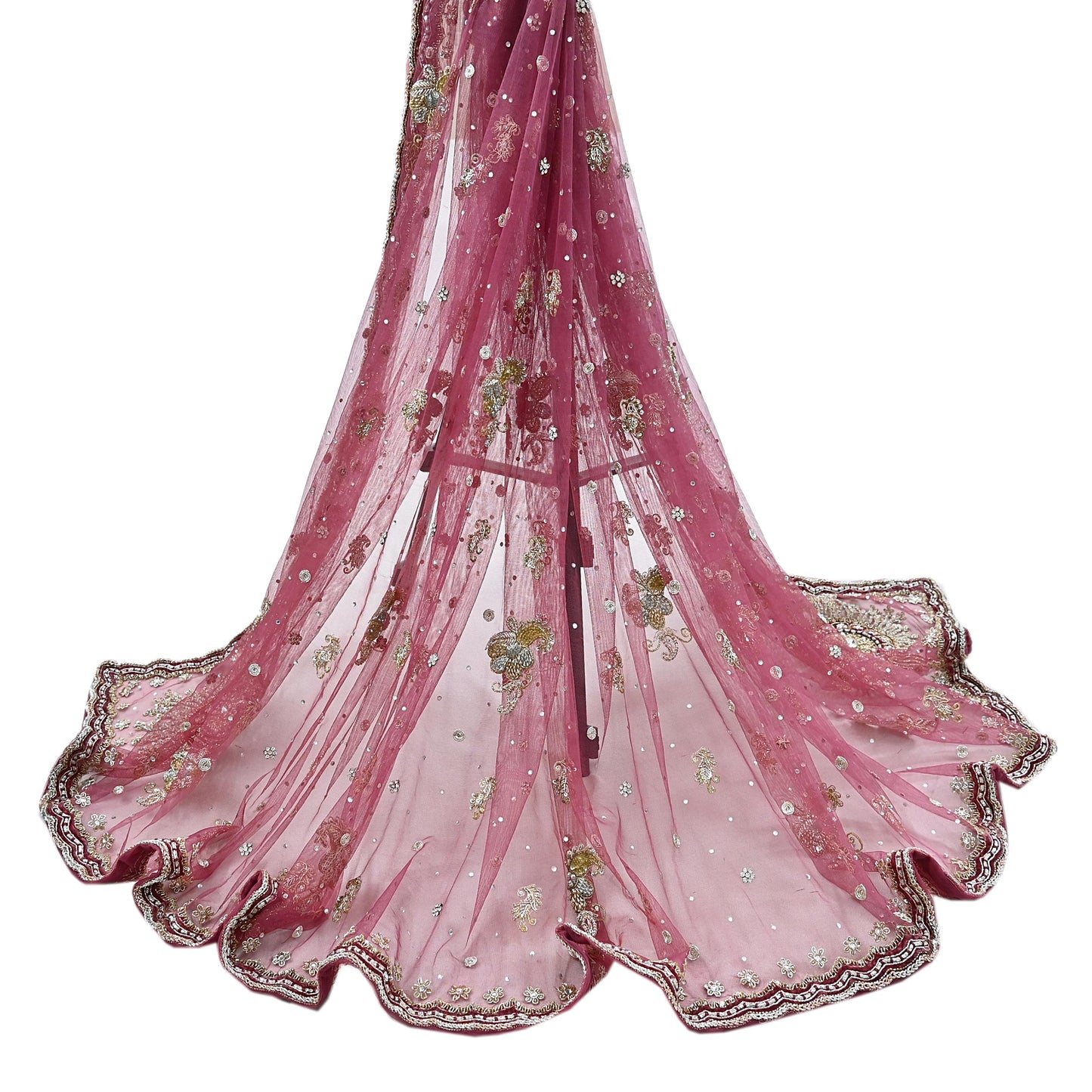 Indian Vintage Heavy Dupatta Pink Net Mesh Long Stole Hand Embroidered Scarves Wedding veil Wrap Boho