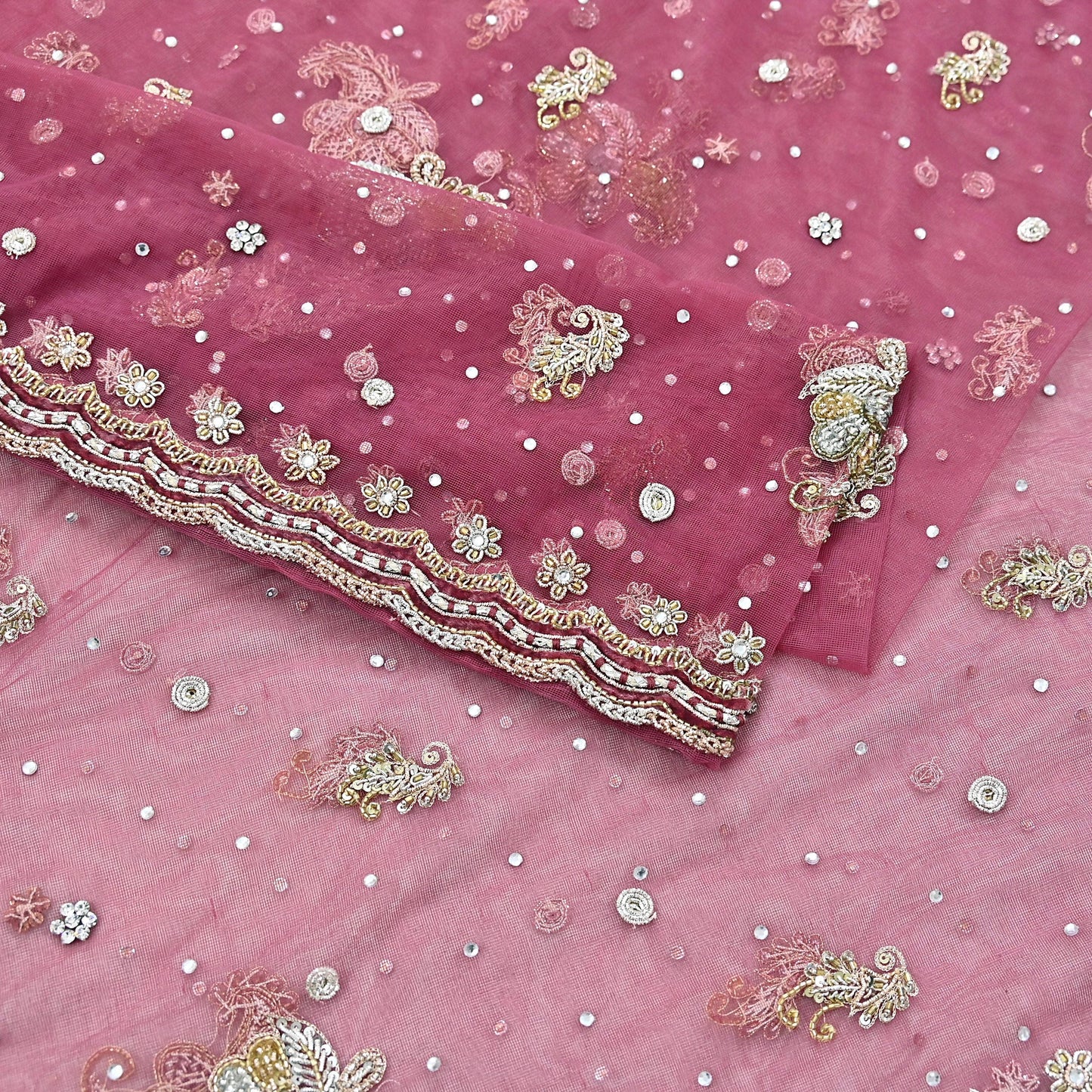 Indian Vintage Heavy Dupatta Pink Net Mesh Long Stole Hand Embroidered Scarves Wedding veil Wrap Boho