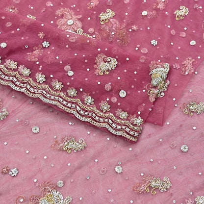 Indian Vintage Heavy Dupatta Pink Net Mesh Long Stole Hand Embroidered Scarves Wedding veil Wrap Boho