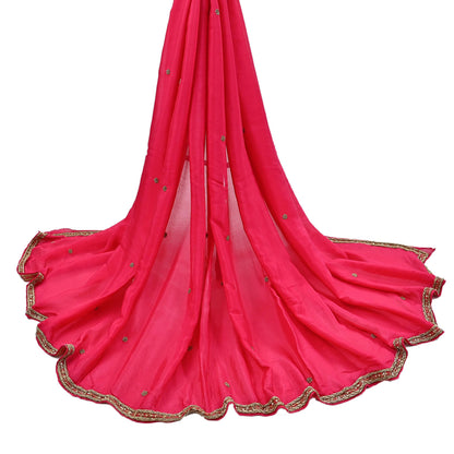 Indian Women Vintage Heavy Pink Dupatta Pure silk Long Stole Hand Embroidered Hijab Scarves Veil Wrap Zardozi Dabka
