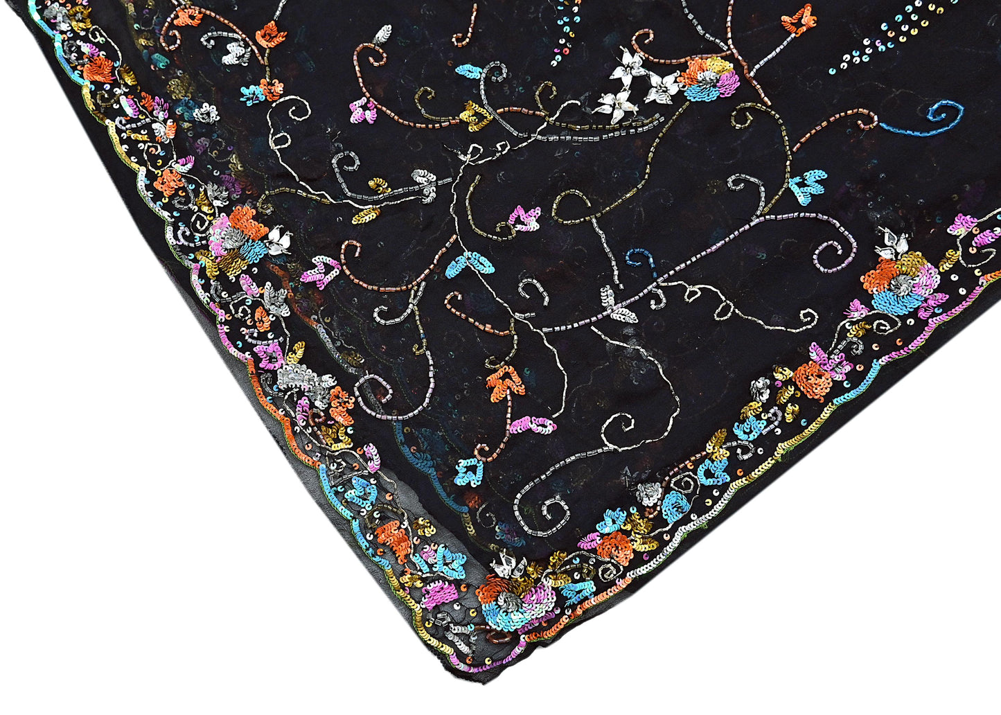 Indian Vintage Heavy Black Dupatta Pure Georgette silk Long Stole Hand Embroidered Scarves Stole Veil Wrap Sequins