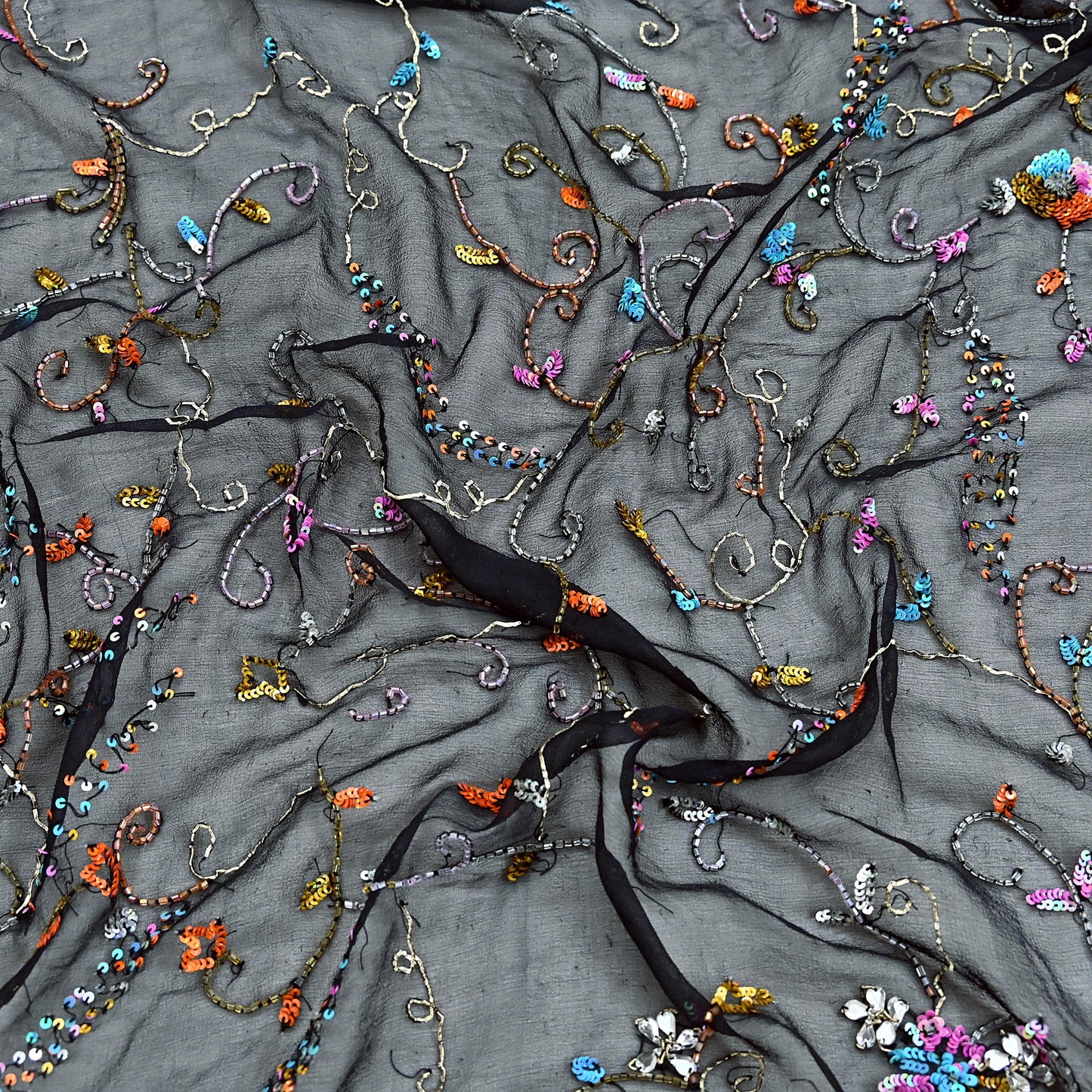 Indian Vintage Heavy Black Dupatta Pure Georgette silk Long Stole Hand Embroidered Scarves Stole Veil Wrap Sequins