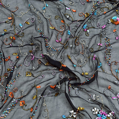 Indian Vintage Heavy Black Dupatta Pure Georgette silk Long Stole Hand Embroidered Scarves Stole Veil Wrap Sequins