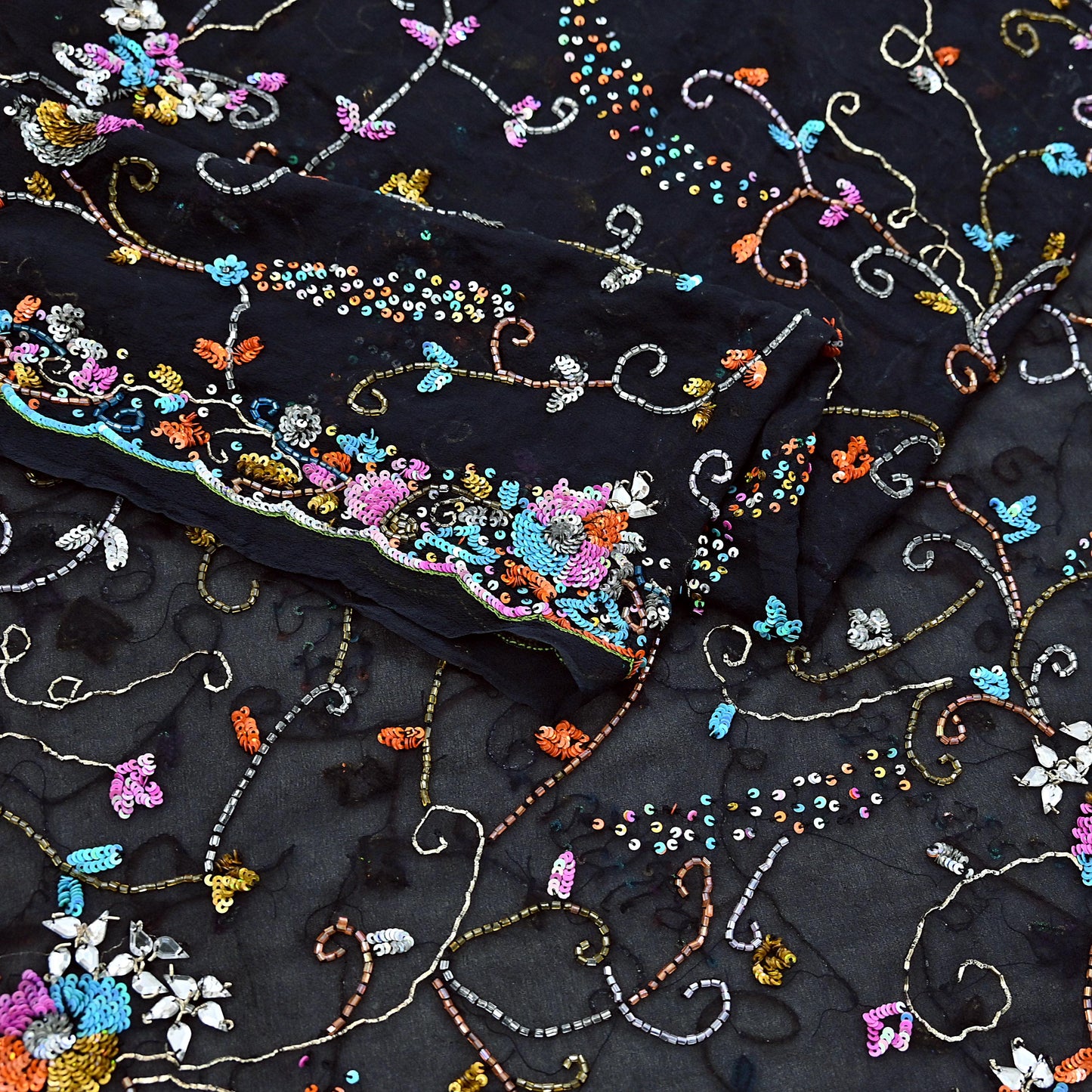 Indian Vintage Heavy Black Dupatta Pure Georgette silk Long Stole Hand Embroidered Scarves Stole Veil Wrap Sequins
