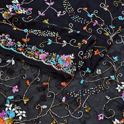 Indian Vintage Heavy Black Dupatta Pure Georgette silk Long Stole Hand Embroidered Scarves Stole Veil Wrap Sequins
