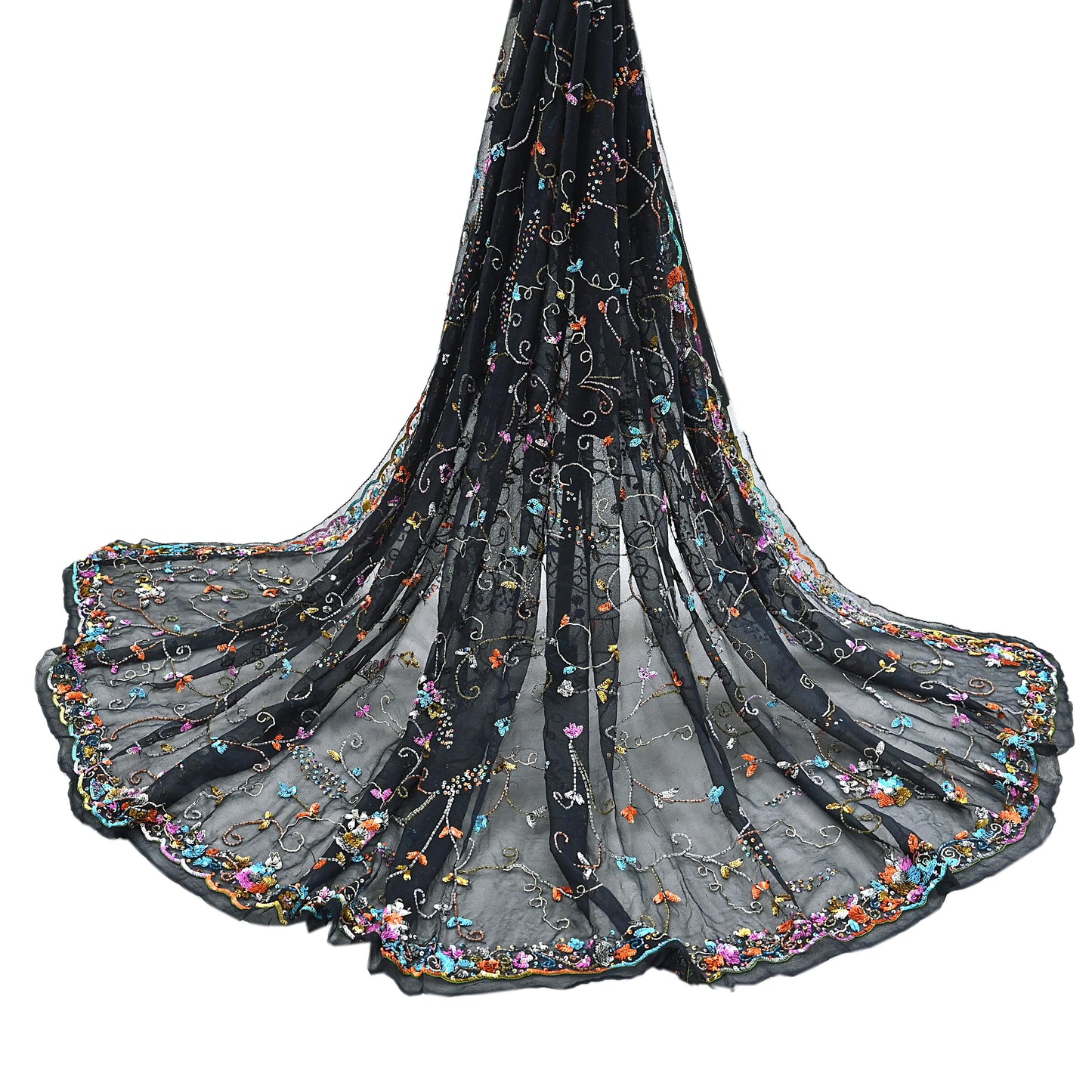 Indian Vintage Heavy Black Dupatta Pure Georgette silk Long Stole Hand Embroidered Scarves Stole Veil Wrap Sequins