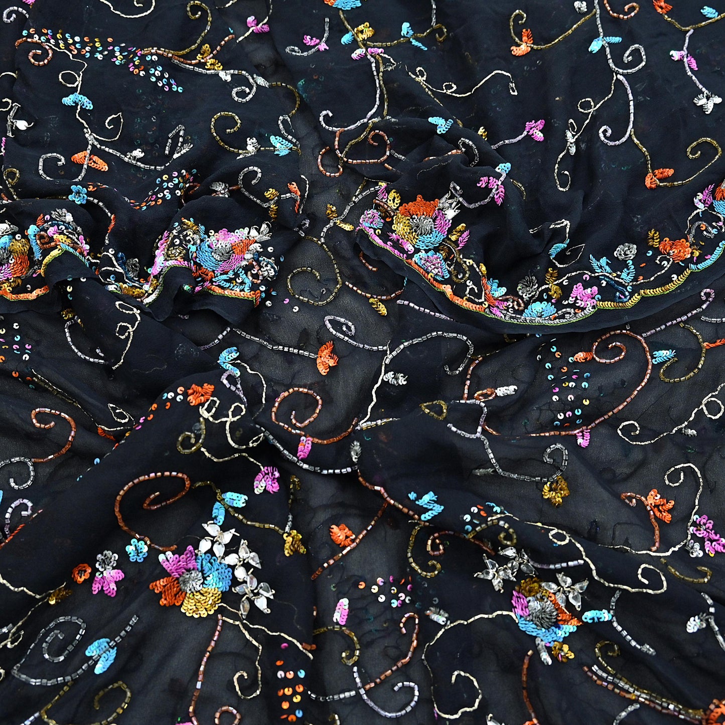 Indian Vintage Heavy Black Dupatta Pure Georgette silk Long Stole Hand Embroidered Scarves Stole Veil Wrap Sequins