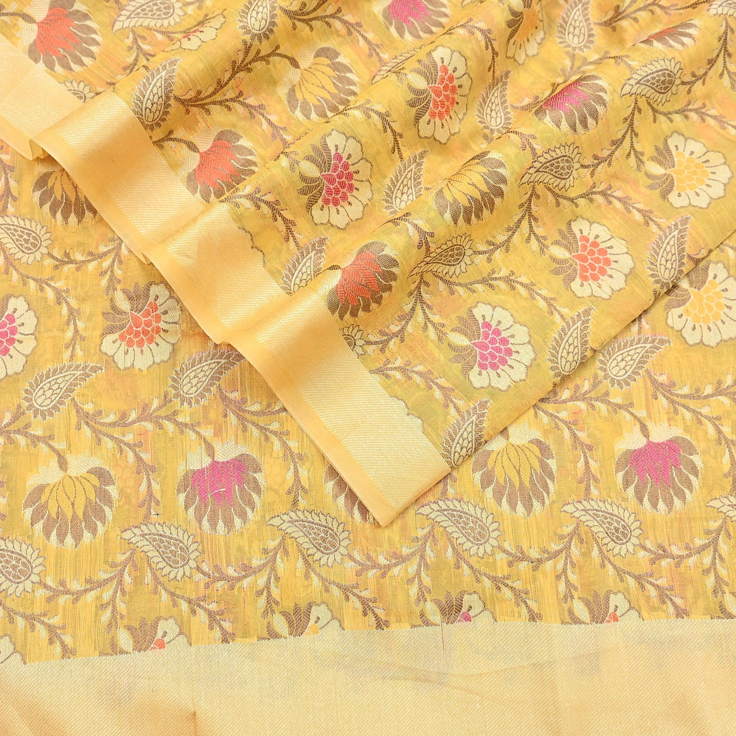 Indian Vintage Yellow Dupatta Long Stole Artificial Silk hand Woven Scarves Veil Scarf Wrap Hippie Boho Soft Floral Fringes