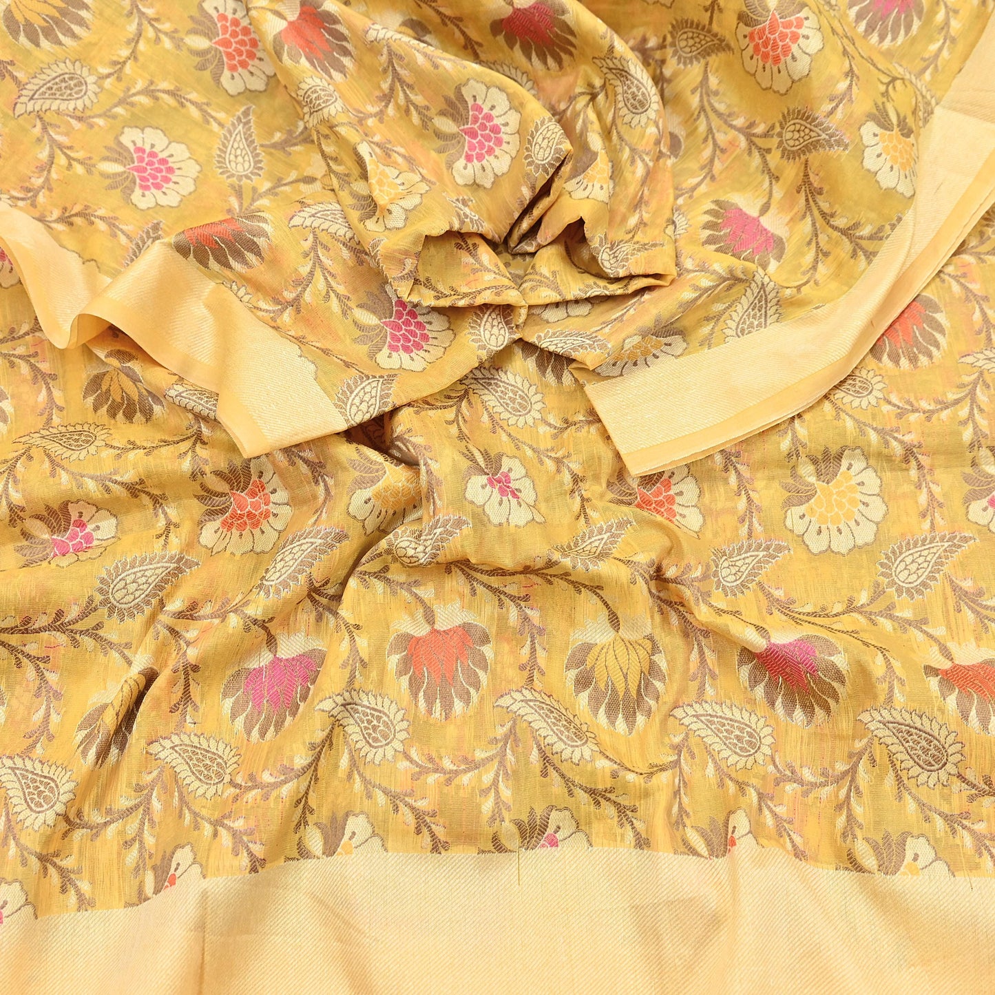 Indian Vintage Yellow Dupatta Long Stole Artificial Silk hand Woven Scarves Veil Scarf Wrap Hippie Boho Soft Floral Fringes