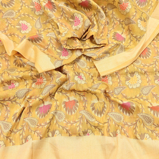 Indian Vintage Yellow Dupatta Long Stole Artificial Silk hand Woven Scarves Veil Scarf Wrap Hippie Boho Soft Floral Fringes