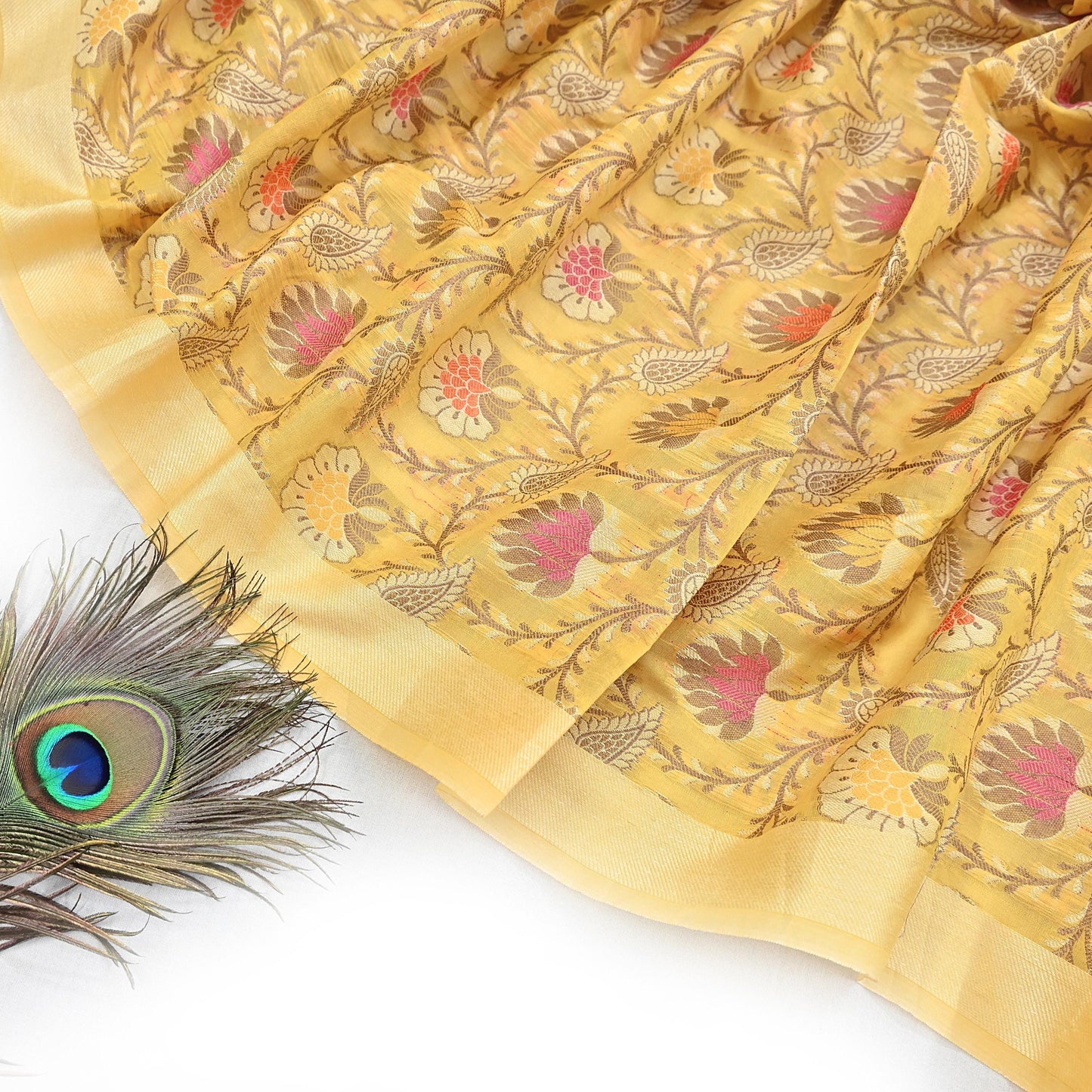 Indian Vintage Yellow Dupatta Long Stole Artificial Silk hand Woven Scarves Veil Scarf Wrap Hippie Boho Soft Floral Fringes