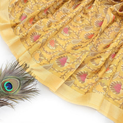 Indian Vintage Yellow Dupatta Long Stole Artificial Silk hand Woven Scarves Veil Scarf Wrap Hippie Boho Soft Floral Fringes