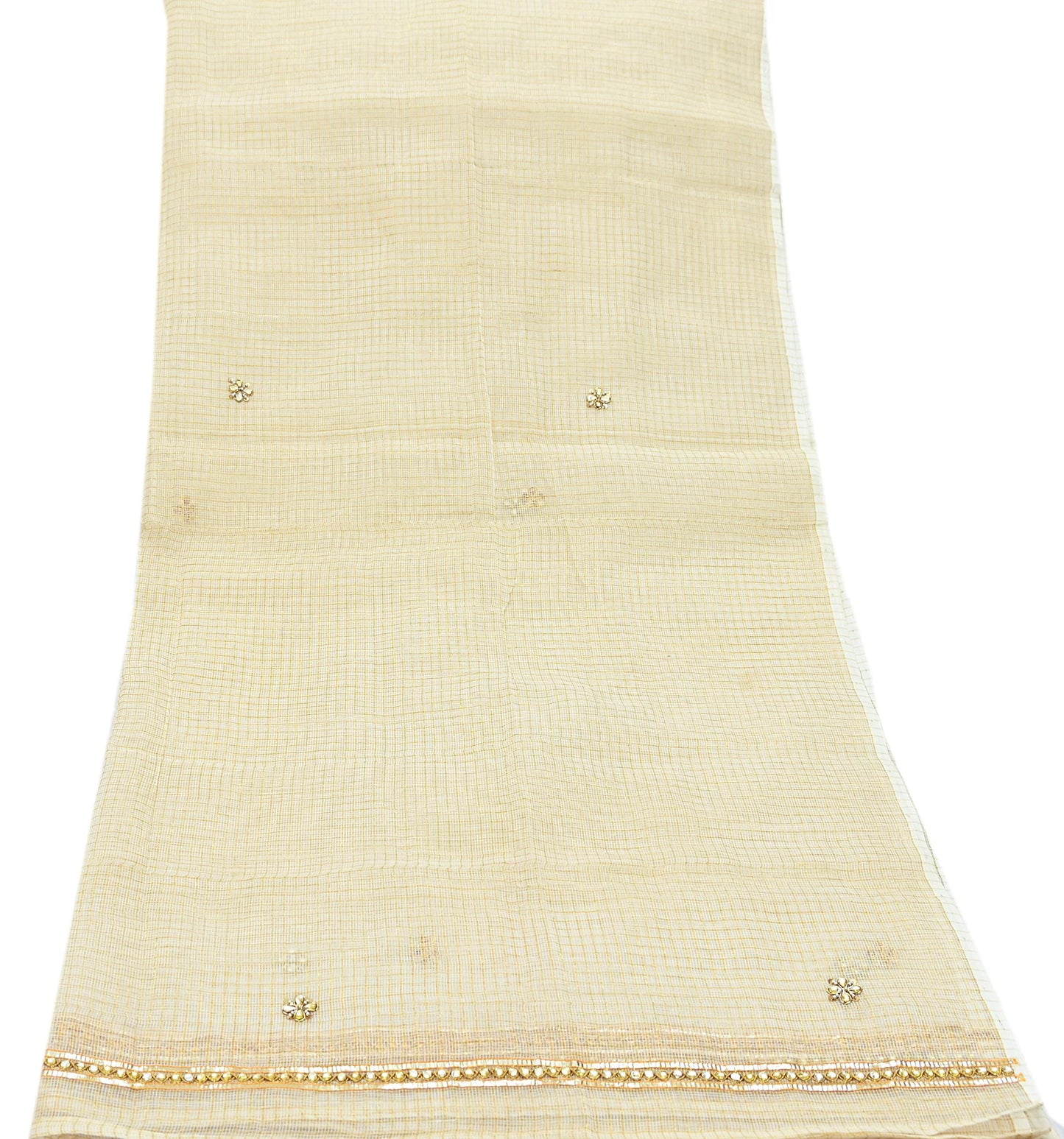 Indian Vintage White Dupatta Long Stole Embroidered Pure Cotton Scarves Veil Golden Zari Soft Fringes