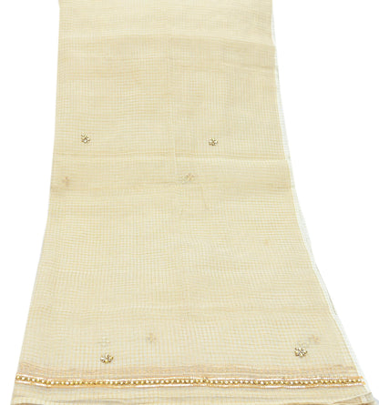 Indian Vintage White Dupatta Long Stole Embroidered Pure Cotton Scarves Veil Golden Zari Soft Fringes