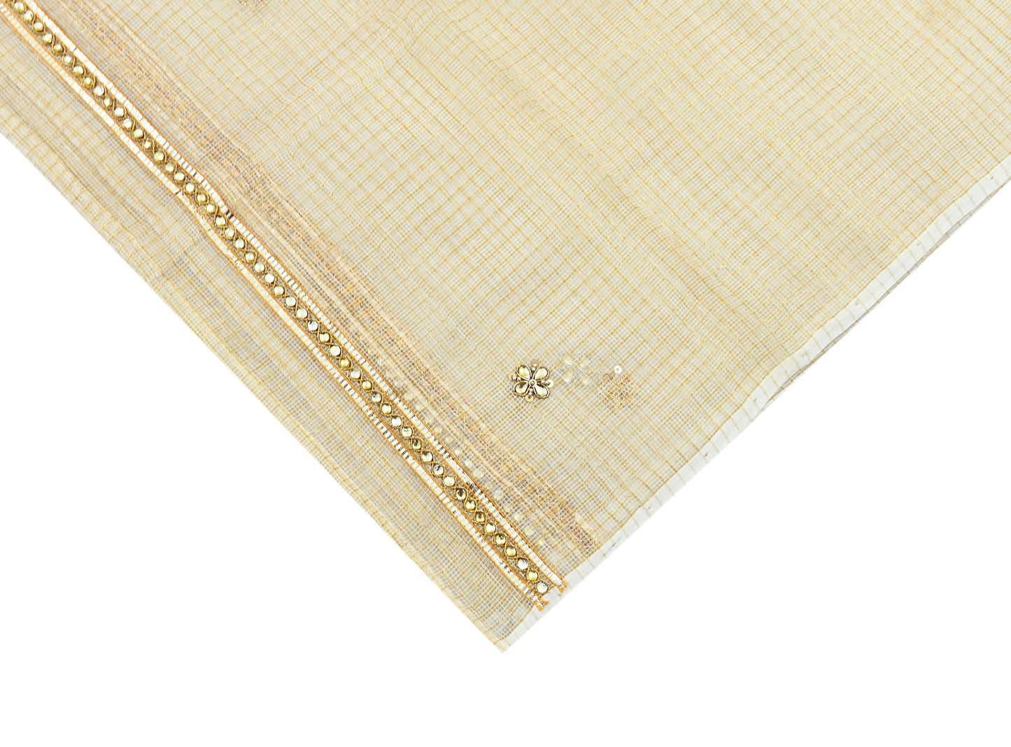 Indian Vintage White Dupatta Long Stole Embroidered Pure Cotton Scarves Veil Golden Zari Soft Fringes
