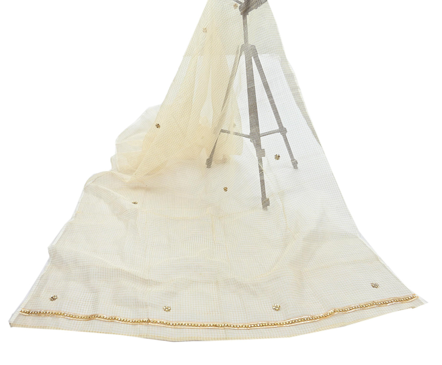 Indian Vintage White Dupatta Long Stole Embroidered Pure Cotton Scarves Veil Golden Zari Soft Fringes