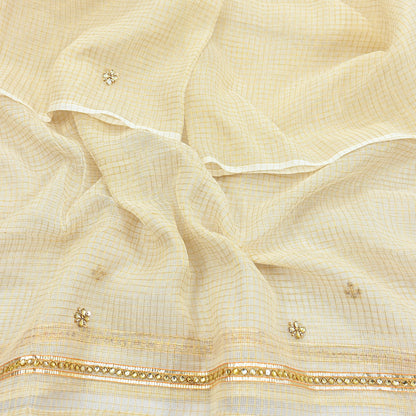 Indian Vintage White Dupatta Long Stole Embroidered Pure Cotton Scarves Veil Golden Zari Soft Fringes