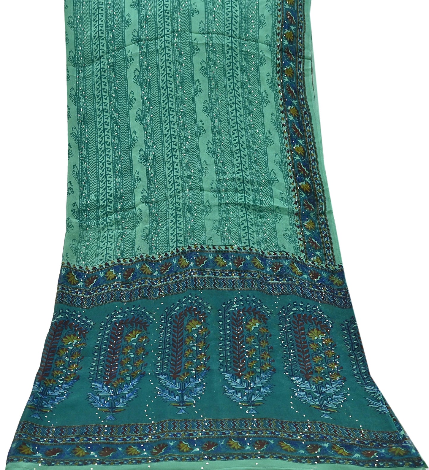 Indian Vintage Green Dupatta Pure Georgette silk Long Stole Printed Hand Embroidered Mukesh work Scarves Sequins Stole Zardozi/dabka