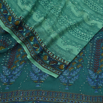 Indian Vintage Green Dupatta Pure Georgette silk Long Stole Printed Hand Embroidered Mukesh work Scarves Sequins Stole Zardozi/dabka