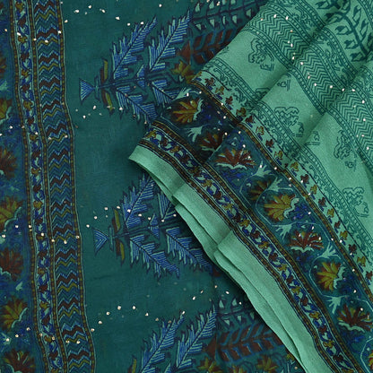 Indian Vintage Green Dupatta Pure Georgette silk Long Stole Printed Hand Embroidered Mukesh work Scarves Sequins Stole Zardozi/dabka