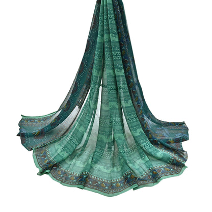 Indian Vintage Green Dupatta Pure Georgette silk Long Stole Printed Hand Embroidered Mukesh work Scarves Sequins Stole Zardozi/dabka