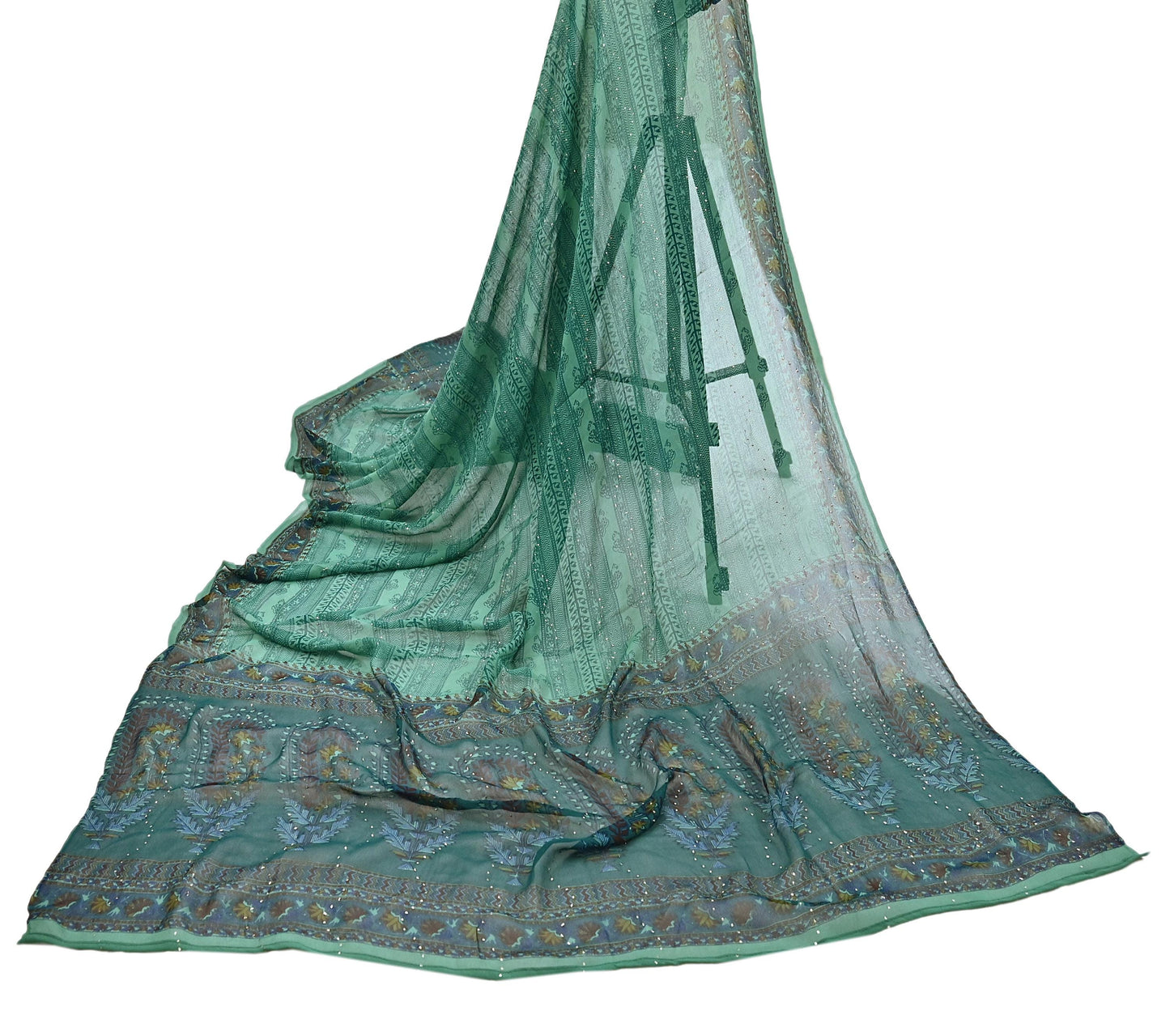 Indian Vintage Green Dupatta Pure Georgette silk Long Stole Printed Hand Embroidered Mukesh work Scarves Sequins Stole Zardozi/dabka