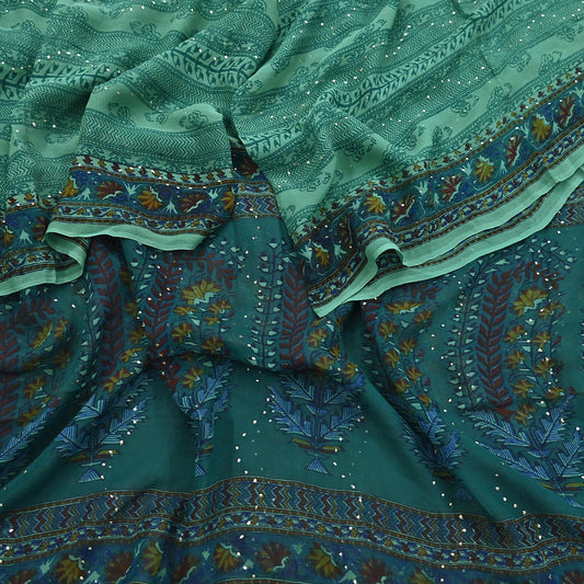 Indian Vintage Green Dupatta Pure Georgette silk Long Stole Printed Hand Embroidered Mukesh work Scarves Sequins Stole Zardozi/dabka