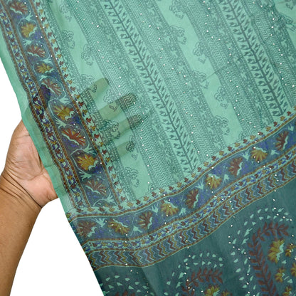 Indian Vintage Green Dupatta Pure Georgette silk Long Stole Printed Hand Embroidered Mukesh work Scarves Sequins Stole Zardozi/dabka