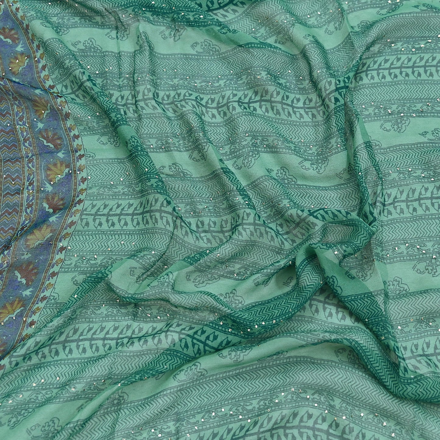 Indian Vintage Green Dupatta Pure Georgette silk Long Stole Printed Hand Embroidered Mukesh work Scarves Sequins Stole Zardozi/dabka
