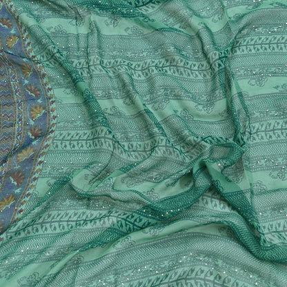 Indian Vintage Green Dupatta Pure Georgette silk Long Stole Printed Hand Embroidered Mukesh work Scarves Sequins Stole Zardozi/dabka
