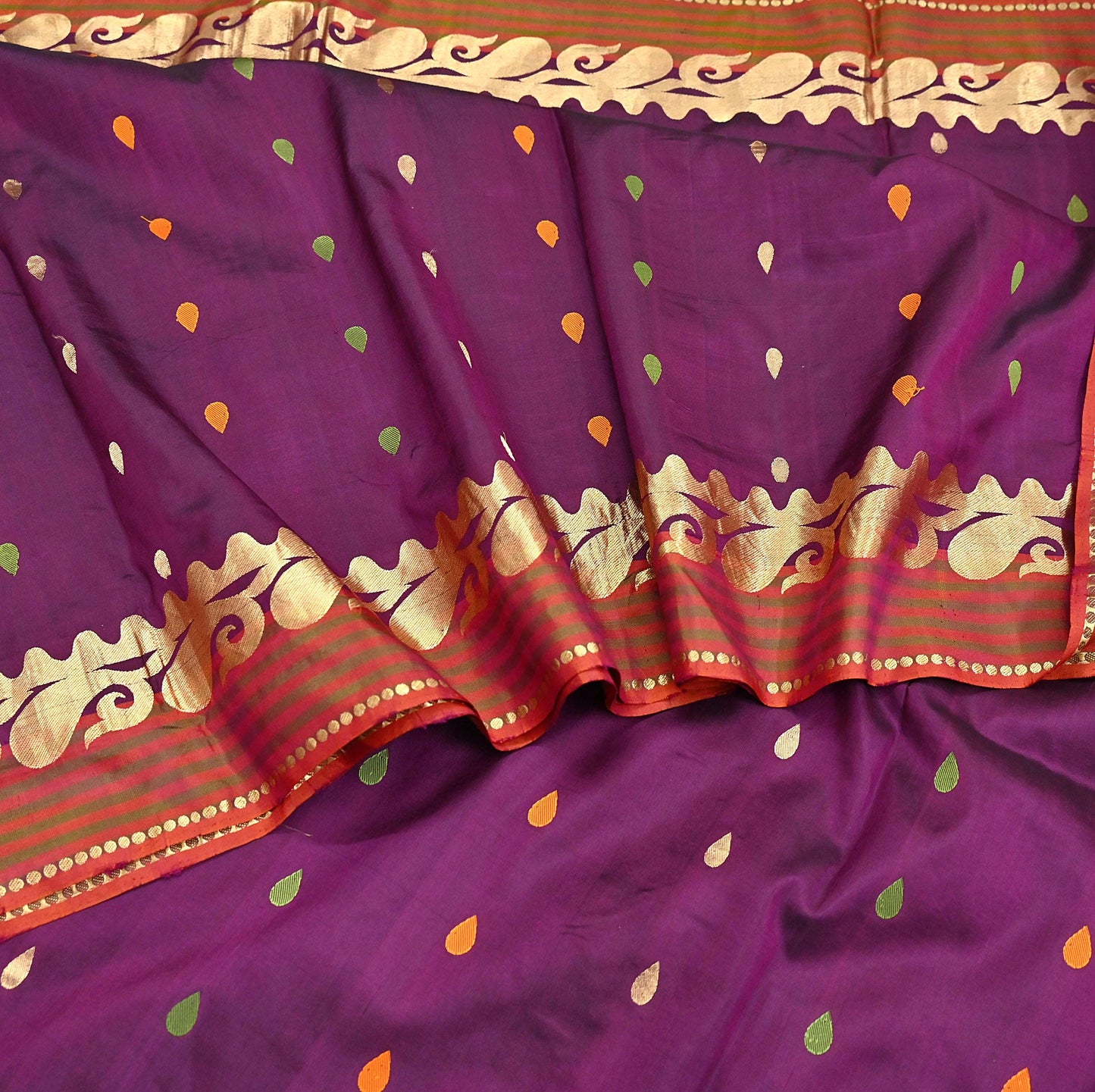 Indian Vintage Heavy Sari Purple & Orange Hand Woven Sarees 100% Pure Silk Zari 5Yd Floral with Blouse fabric