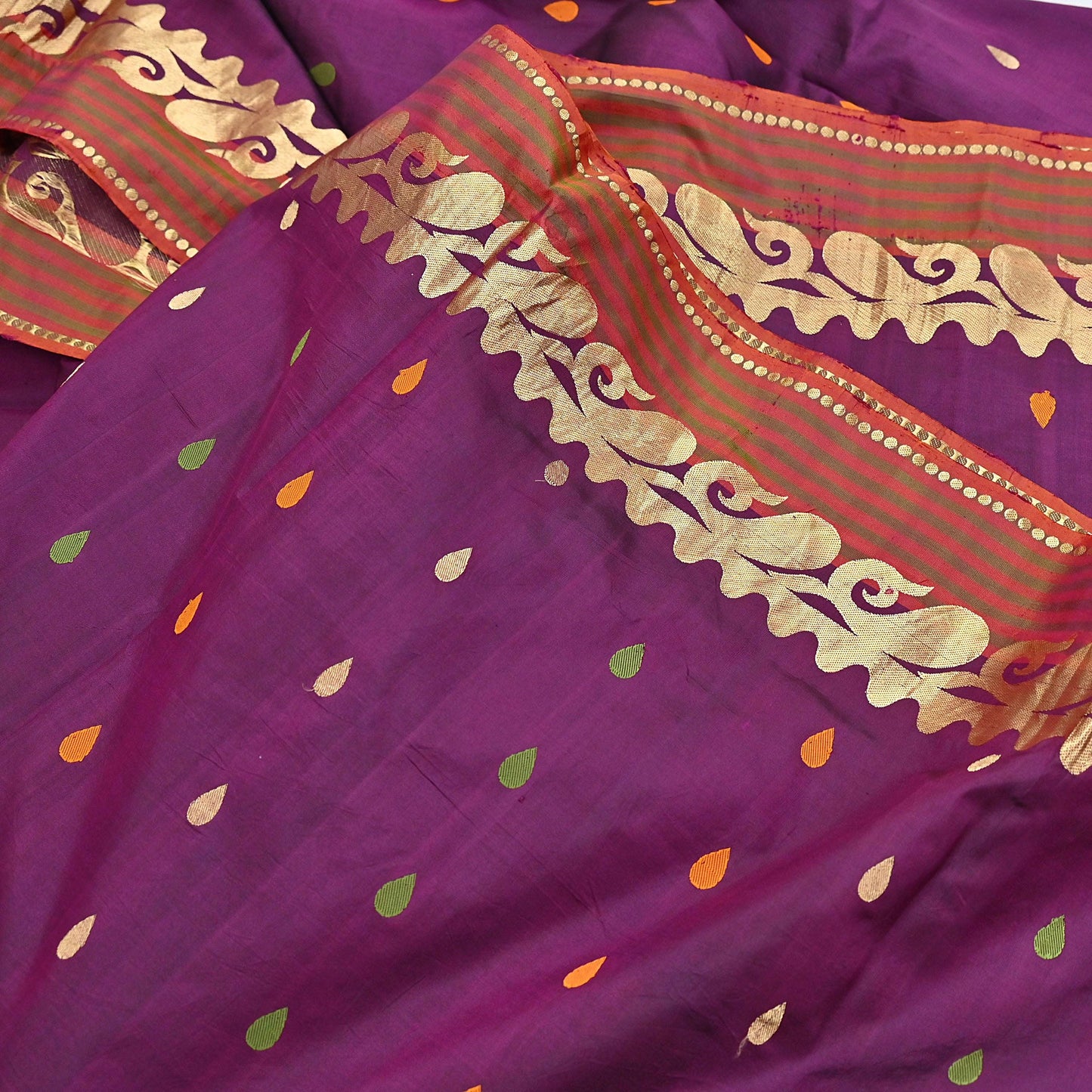 Indian Vintage Heavy Sari Purple & Orange Hand Woven Sarees 100% Pure Silk Zari 5Yd Floral with Blouse fabric
