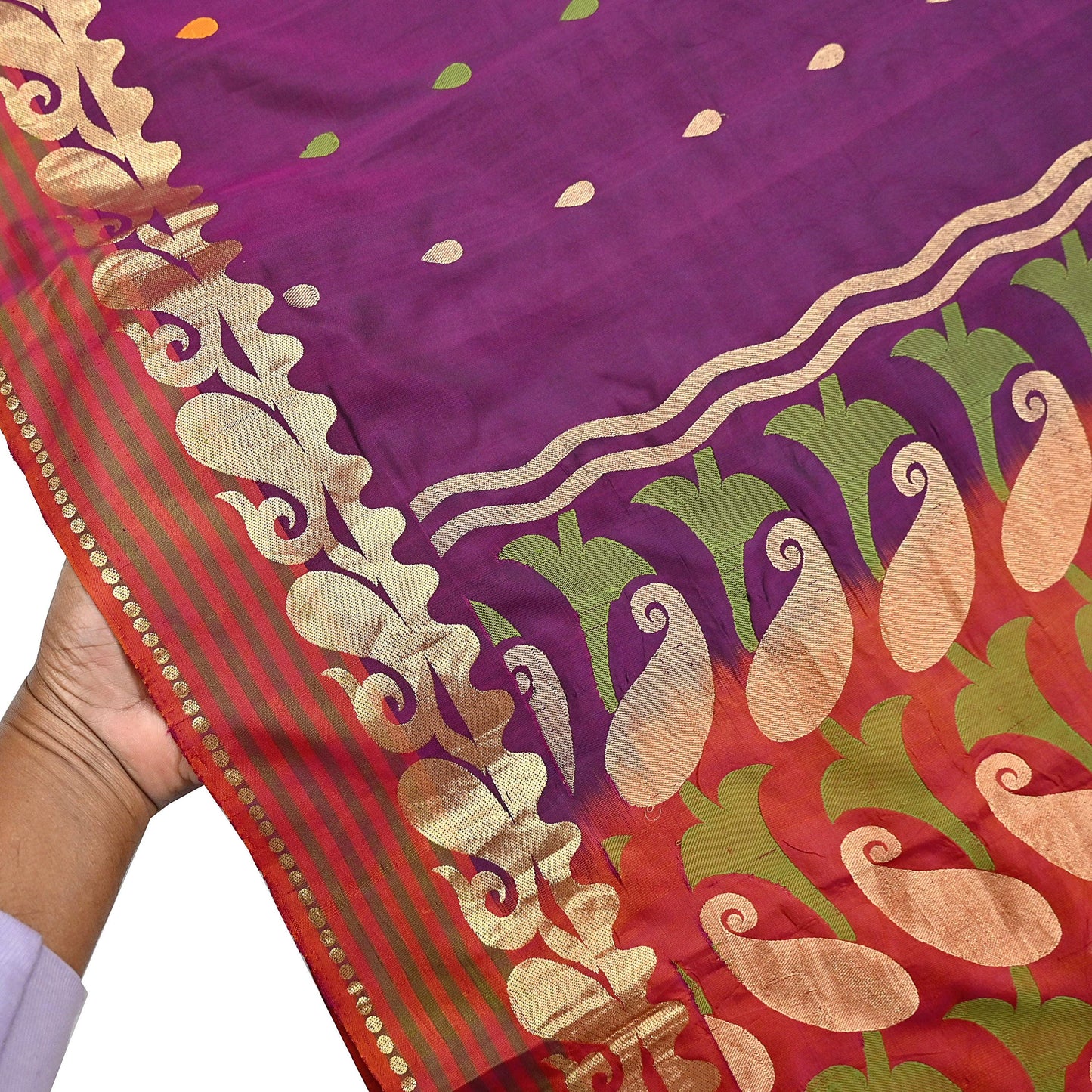 Indian Vintage Heavy Sari Purple & Orange Hand Woven Sarees 100% Pure Silk Zari 5Yd Floral with Blouse fabric