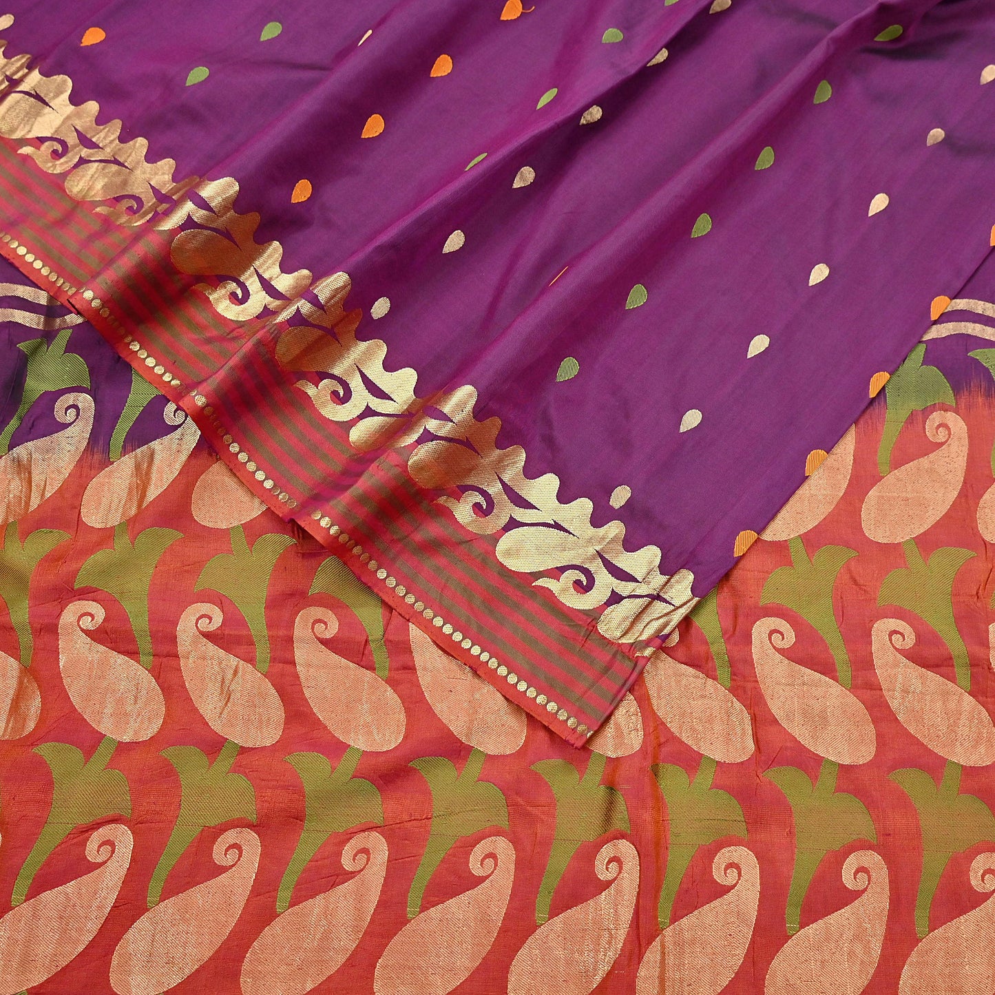 Indian Vintage Heavy Sari Purple & Orange Hand Woven Sarees 100% Pure Silk Zari 5Yd Floral with Blouse fabric