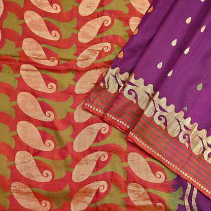 Indian Vintage Heavy Sari Purple & Orange Hand Woven Sarees 100% Pure Silk Zari 5Yd Floral with Blouse fabric