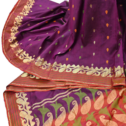 Indian Vintage Heavy Sari Purple & Orange Hand Woven Sarees 100% Pure Silk Zari 5Yd Floral with Blouse fabric