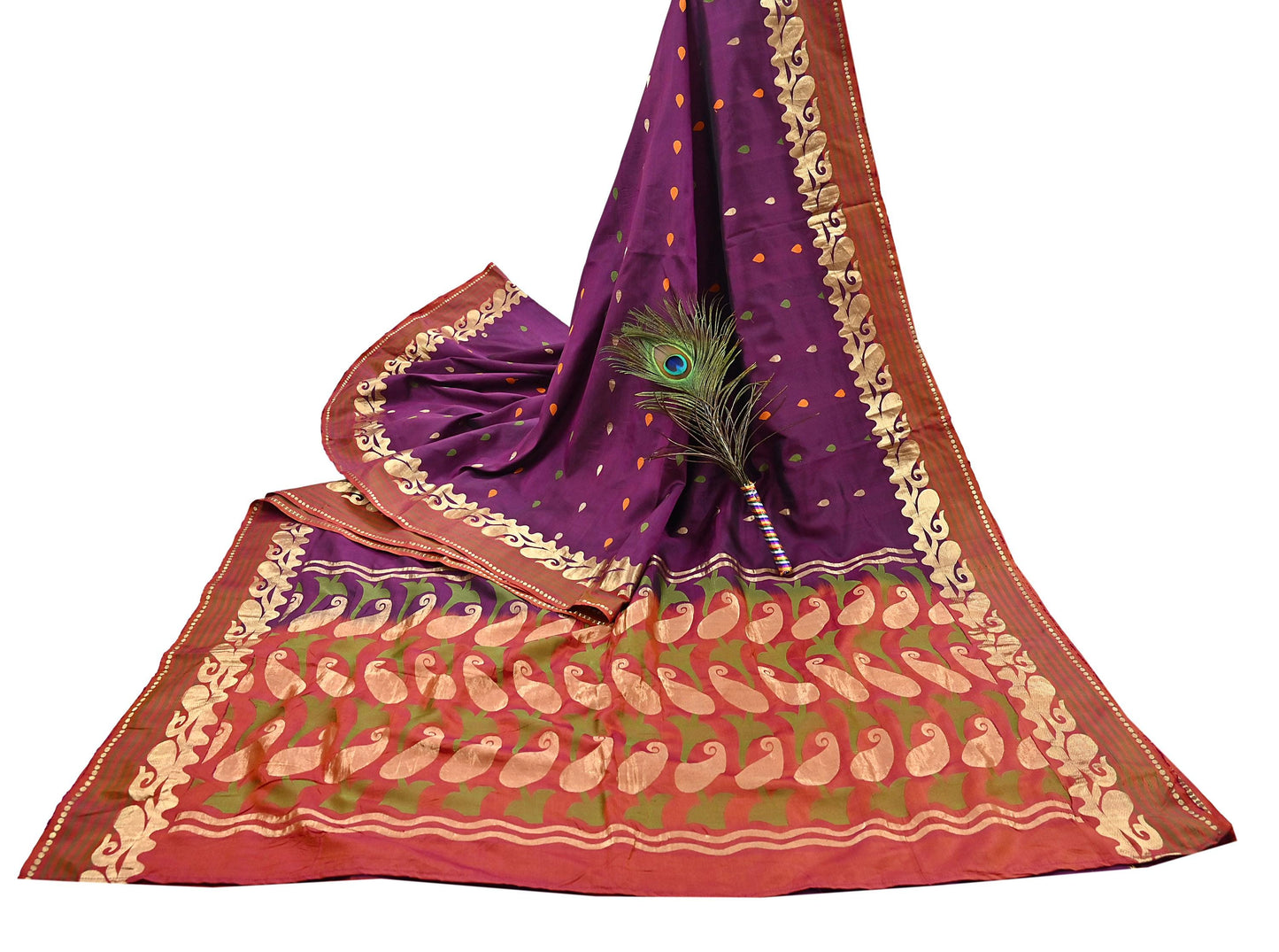 Indian Vintage Heavy Sari Purple & Orange Hand Woven Sarees 100% Pure Silk Zari 5Yd Floral with Blouse fabric