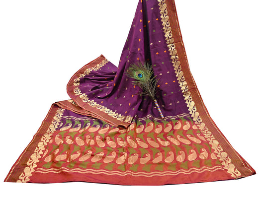 Indian Vintage Heavy Sari Purple & Orange Hand Woven Sarees 100% Pure Silk Zari 5Yd Floral with Blouse fabric