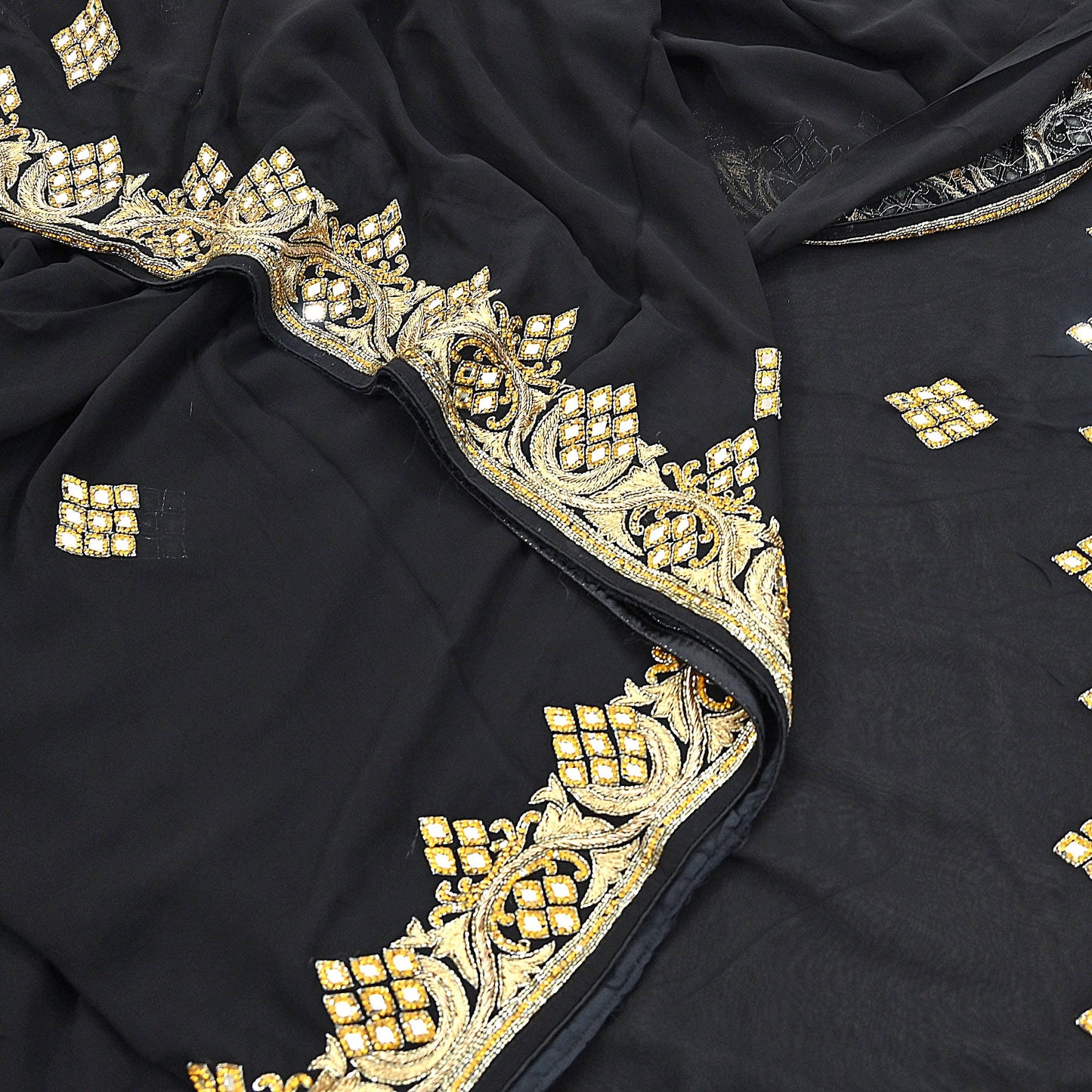 Indian Vintage Heavy Black Saree Blend Georgette Hand Embroidered Sari Craft Fabric 6Yd Sewing Soft Ethnic zardozi Dress Making wedding Sari