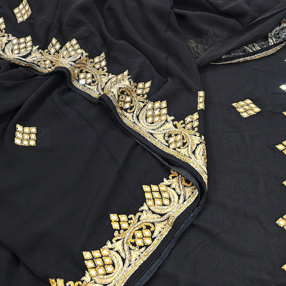 Indian Vintage Heavy Black Saree Blend Georgette Hand Embroidered Sari Craft Fabric 6Yd Sewing Soft Ethnic zardozi Dress Making wedding Sari