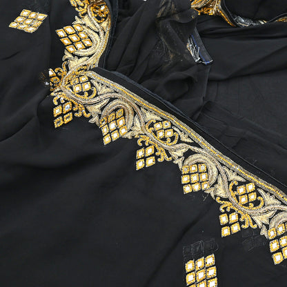 Indian Vintage Heavy Black Saree Blend Georgette Hand Embroidered Sari Craft Fabric 6Yd Sewing Soft Ethnic zardozi Dress Making wedding Sari