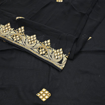 Indian Vintage Heavy Black Saree Blend Georgette Hand Embroidered Sari Craft Fabric 6Yd Sewing Soft Ethnic zardozi Dress Making wedding Sari