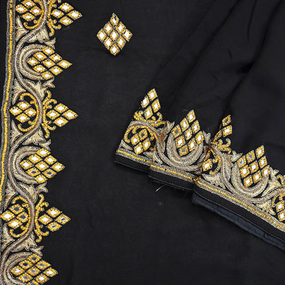 Indian Vintage Heavy Black Saree Blend Georgette Hand Embroidered Sari Craft Fabric 6Yd Sewing Soft Ethnic zardozi Dress Making wedding Sari
