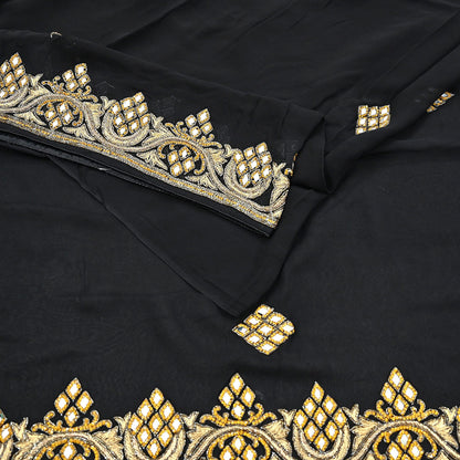 Indian Vintage Heavy Black Saree Blend Georgette Hand Embroidered Sari Craft Fabric 6Yd Sewing Soft Ethnic zardozi Dress Making wedding Sari