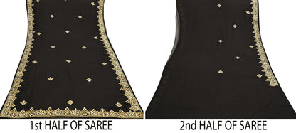 Indian Vintage Heavy Black Saree Blend Georgette Hand Embroidered Sari Craft Fabric 6Yd Sewing Soft Ethnic zardozi Dress Making wedding Sari